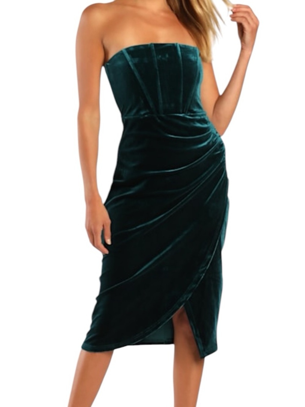 Lulus Glamorous Celebrations Dark Teal Velvet Strapless Tulip Dress Large L